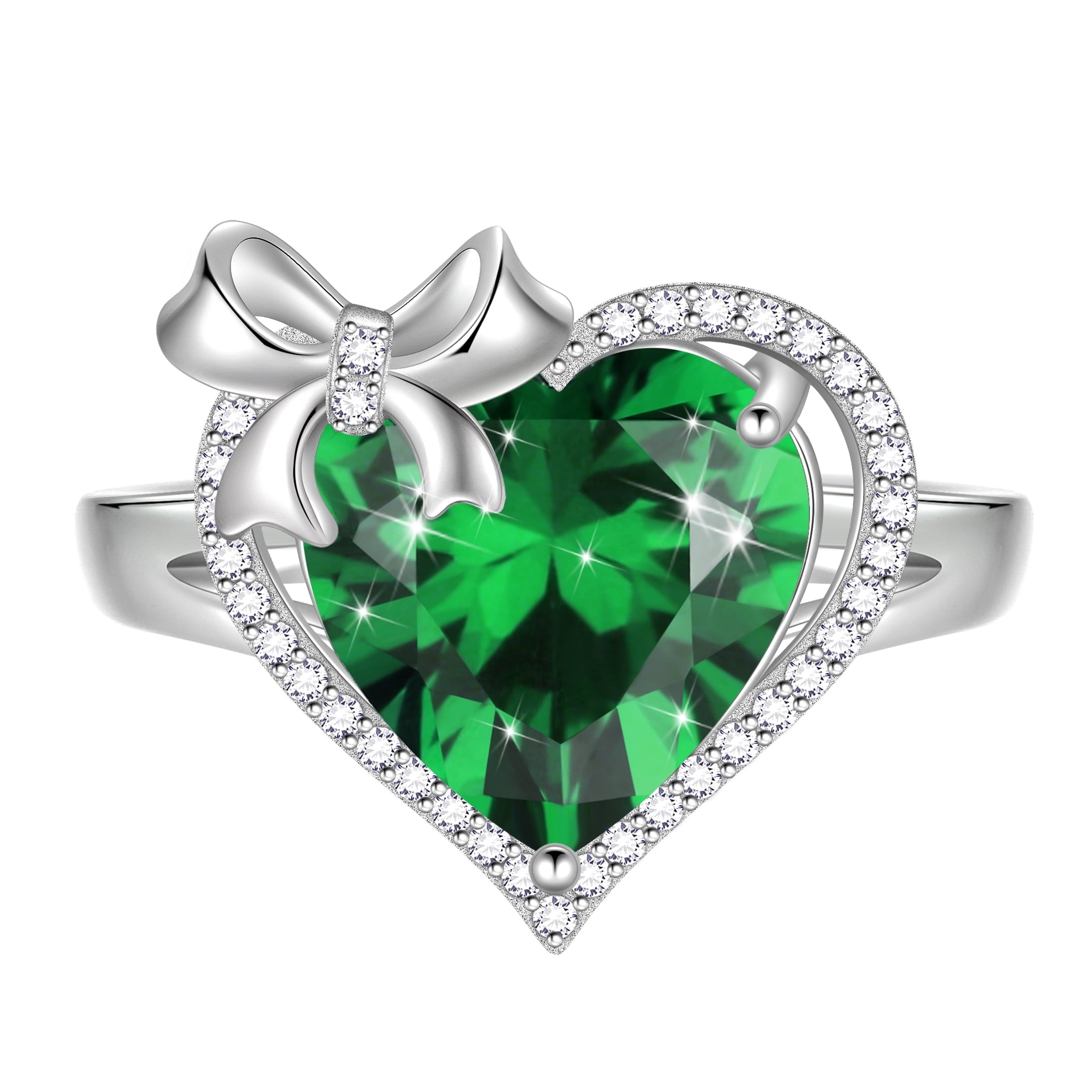 6Ct Heart Women Ring Bow Kont Ribbon 925 Sterling Silver May Birthstone Emerald Ring Green Solitaire Jewelry Valentines Mothers Day Gift for Mom Grandma - Aurora Tears