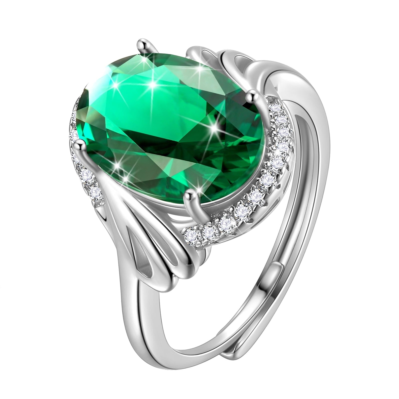 8Ct Women Emerald Ring 925 Sterling Silver Oval Halo Green May Birthstone Ring Band Jewelry Birthday Christmas Mom Grandma Mother's Day Gifts - Aurora Tears