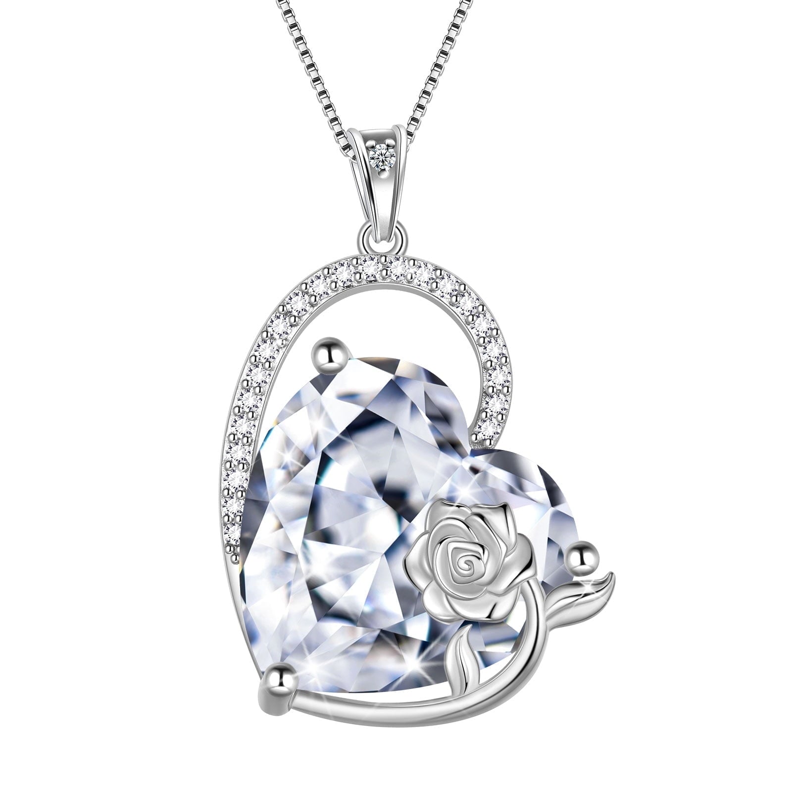 925 Sterling Silver 15MM Heart Necklace Women April Birthstone Diamond CZ Bridal Jewelry Rose Flower Pendant Mother Birthday Valentine's Day Gift - Aurora Tears