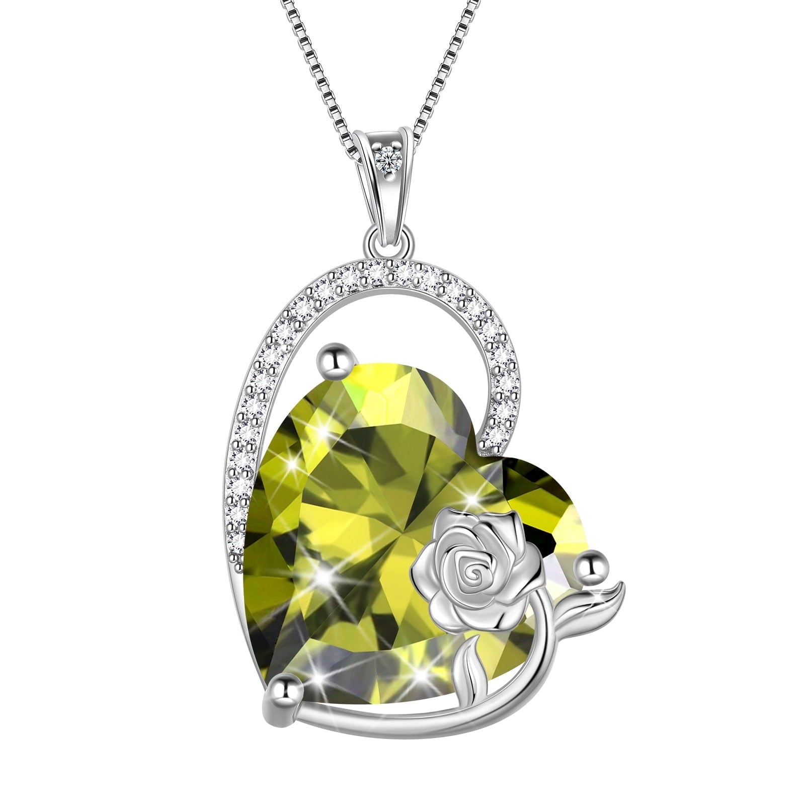925 Sterling Silver 15MM Heart Necklace Women August Birthstone Peridot Green Jewelry Rose Flower Pendant Mother Christmas Birthday Gift - Aurora Tears