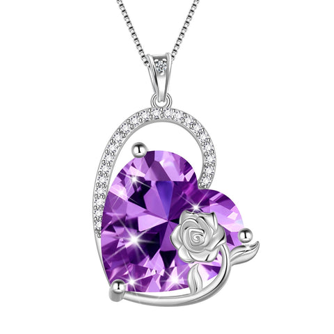 925 Sterling Silver 15MM Heart Necklace Women February Birthstone Amethyst Jewelry Purple Rose Flower Pendant Mother Birthday Valentine's Day Gift - Aurora Tears
