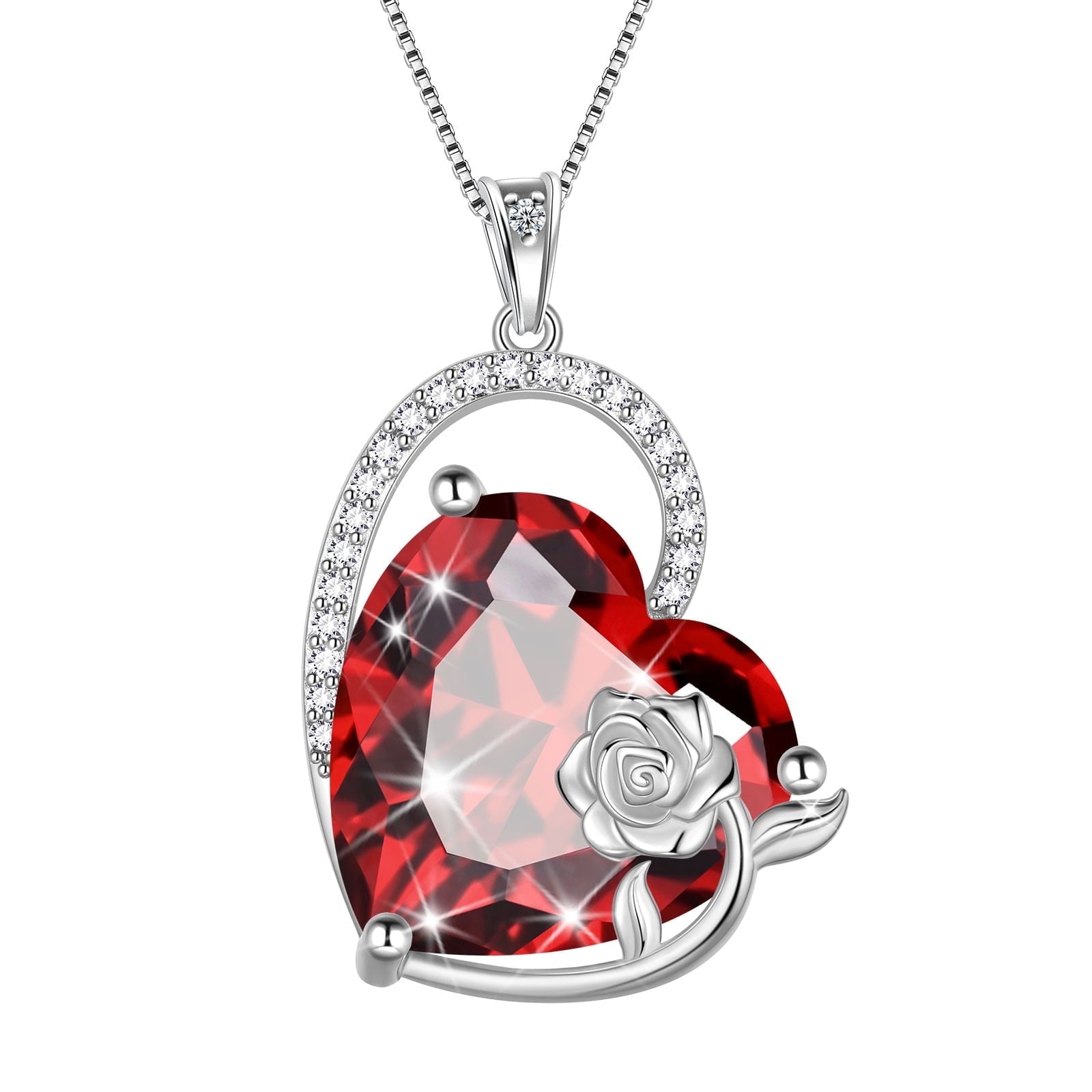 925 Sterling Silver 15MM Heart Necklace Women January Birthstone Garnet Jewelry Red Rose Flower Pendant Mother Birthday Valentine's Day Xmas Gift - Aurora Tears