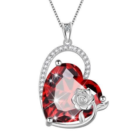 925 Sterling Silver 15MM Heart Necklace Women January Birthstone Garnet Jewelry Red Rose Flower Pendant Mother Birthday Valentine's Day Xmas Gift - Aurora Tears