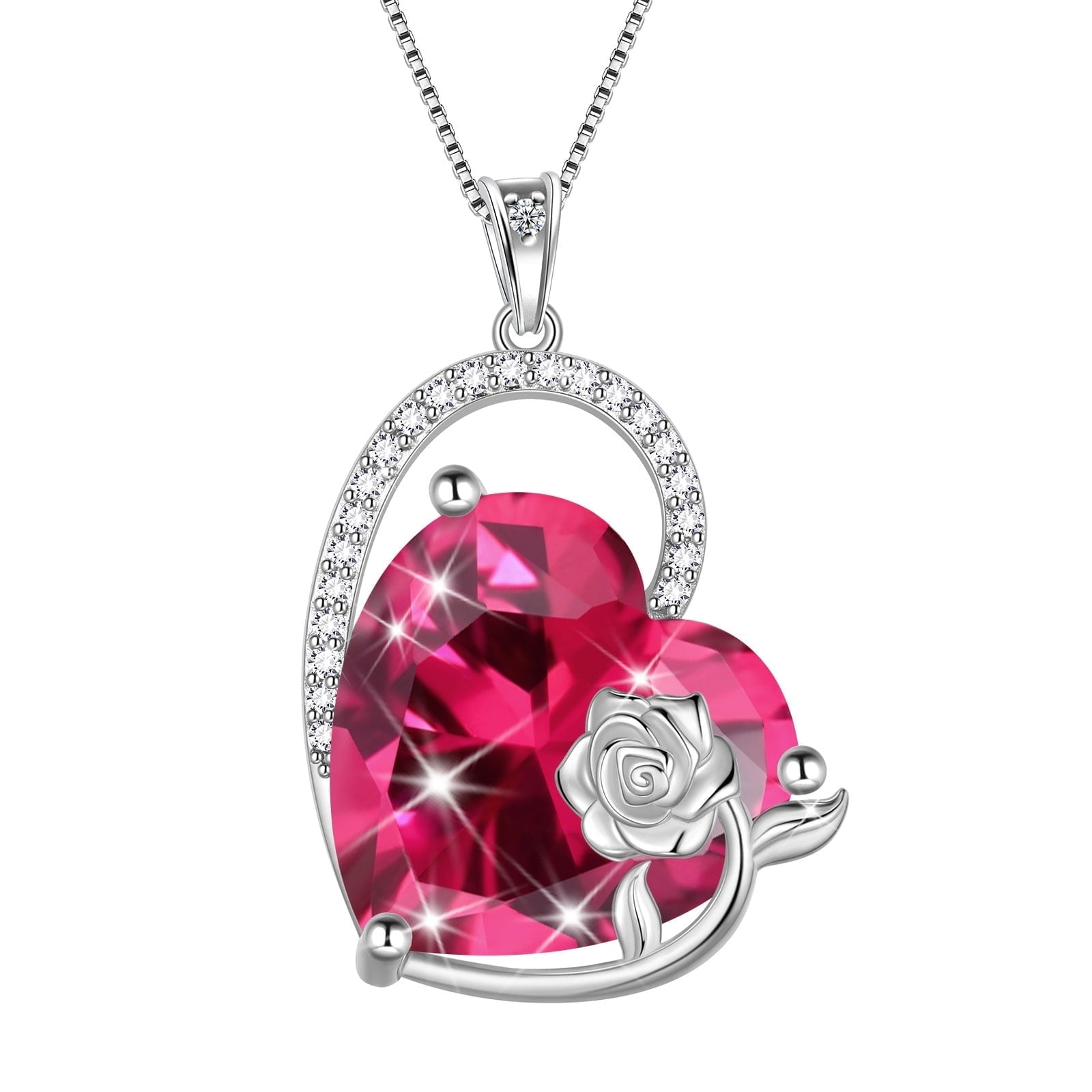 925 Sterling Silver 15MM Heart Necklace Women July Birthstone Ruby Jewelry Red Rose Flower Pendant Mother Christmas Birthday Valentines Day Gift for Her - Aurora Tears