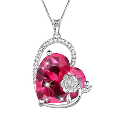925 Sterling Silver 15MM Heart Necklace Women July Birthstone Ruby Jewelry Red Rose Flower Pendant Mother Christmas Birthday Valentines Day Gift for Her - Aurora Tears