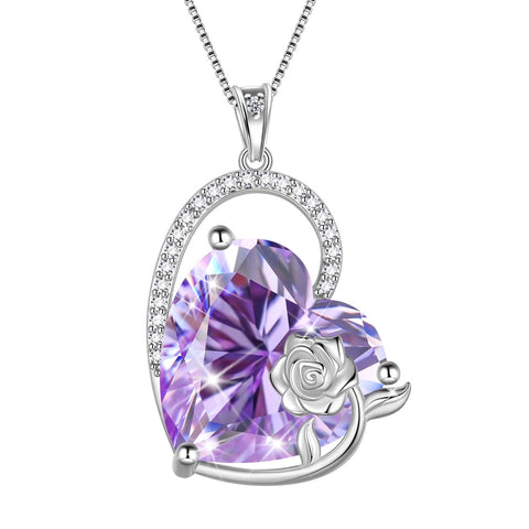 925 Sterling Silver 15MM Heart Necklace Women June Birthstone Alexandrite Purple Jewelry Rose Flower Pendant Mom Birthday Valentines's Day Gift for Her - Aurora Tears