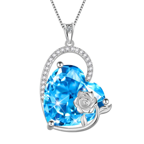 925 Sterling Silver 15MM Heart Necklace Women March Birthstone Aquamarine Jewelry Blue Topaz Rose Flower Pendant Mother Birthday Valentines Gift for Her - Aurora Tears