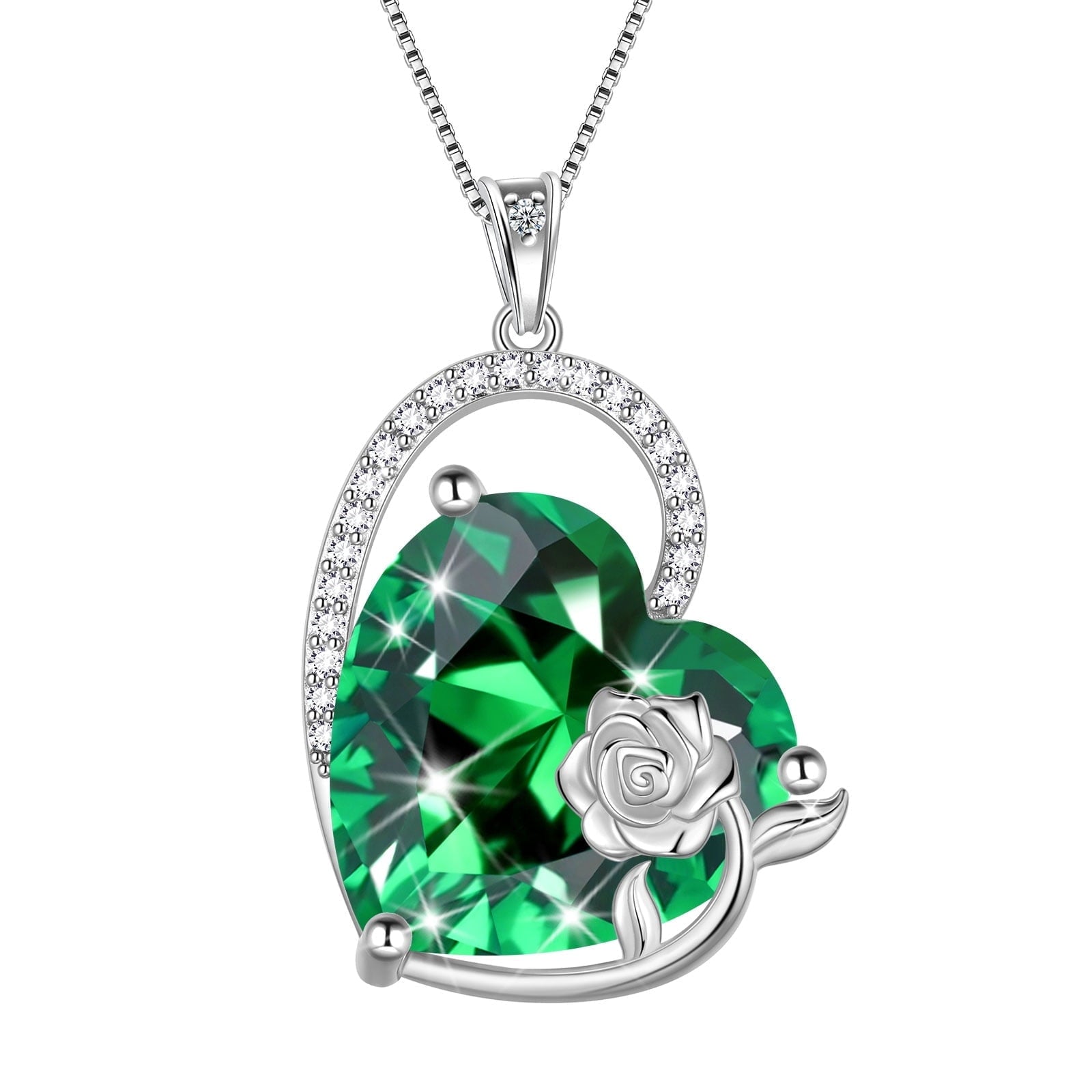 925 Sterling Silver 15MM Heart Necklace Women May Birthstone Emerald Jewelry Green Rose Flower Pendant Birthday Christmas Mother's Day Gift - Aurora Tears