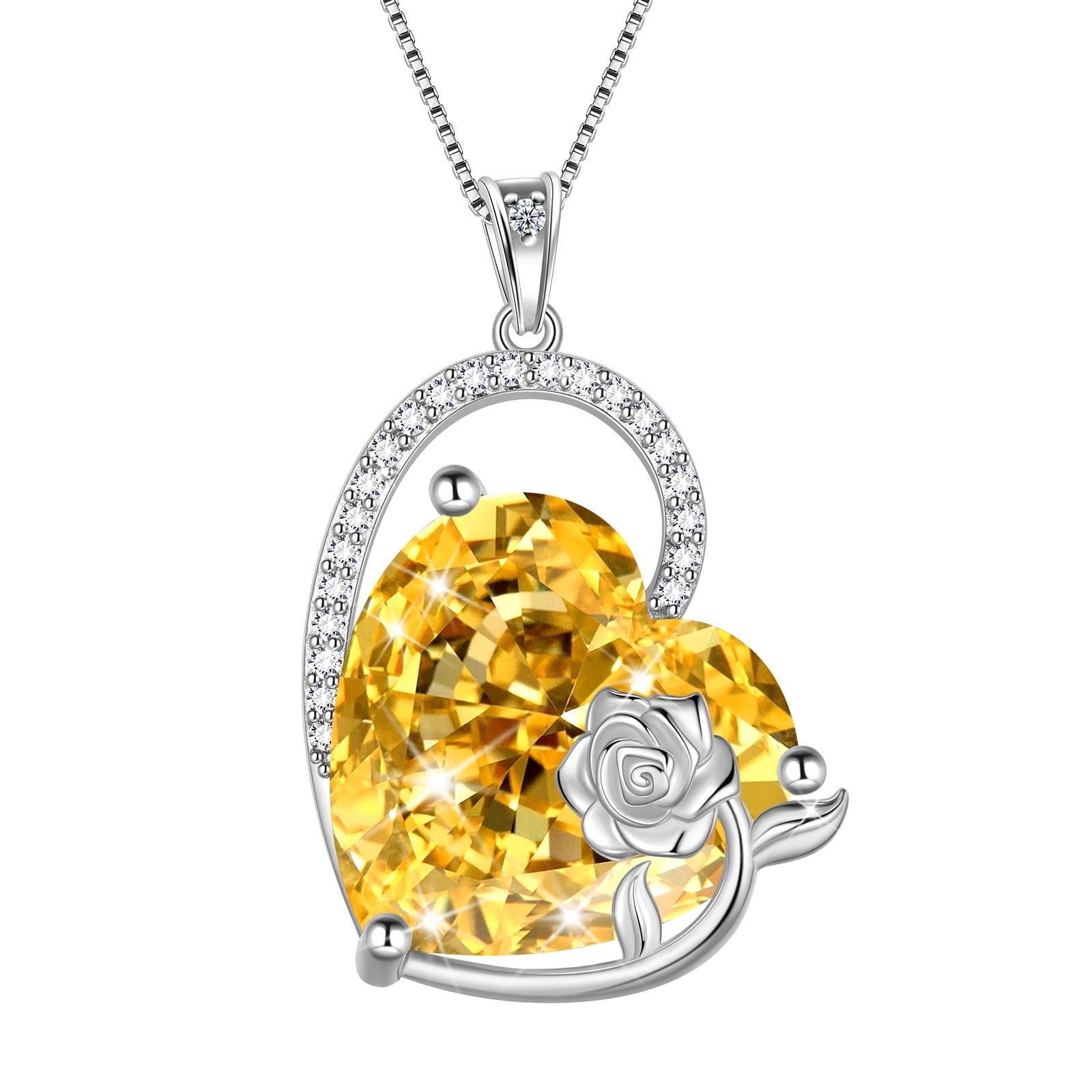 925 Sterling Silver 15MM Heart Necklace Women November Birthstone Citrine Jewelry Yellow Rose Flower Pendant Christmas Valentines Birthday Gift for Her - Aurora Tears