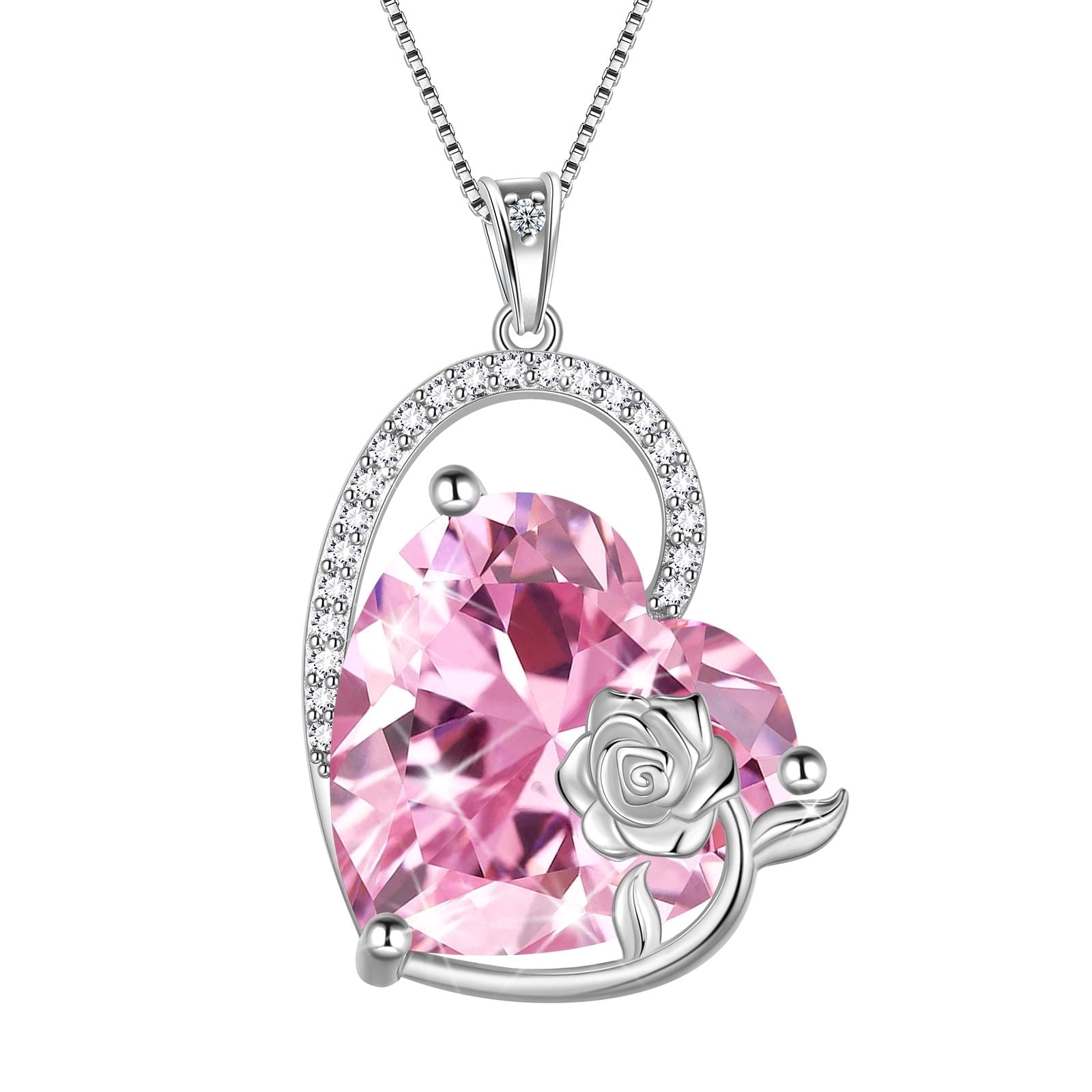 925 Sterling Silver 15MM Heart Necklace Women October Birthstone Tourmaline Jewelry Pink Rose Flower Pendant Mother Christmas Valentine's Day Gift - Aurora Tears
