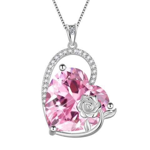925 Sterling Silver 15MM Heart Necklace Women October Birthstone Tourmaline Jewelry Pink Rose Flower Pendant Mother Christmas Valentine's Day Gift - Aurora Tears