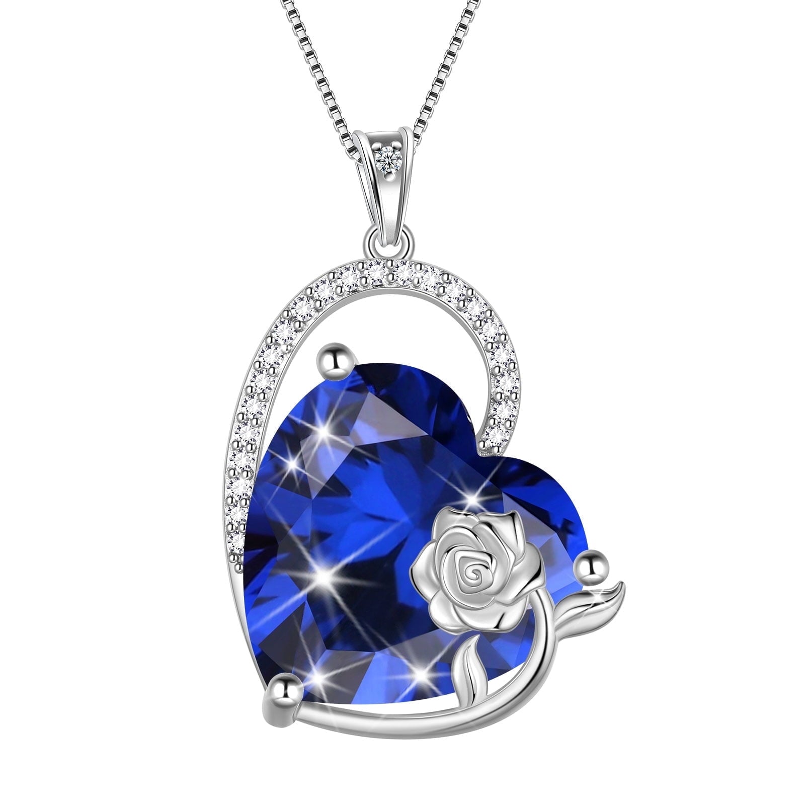 925 Sterling Silver 15MM Heart Necklace Women September Birthstone Sapphire Blue Jewelry Rose Flower Pendant Mom Christmas Valentine's Day Gift for Her - Aurora Tears