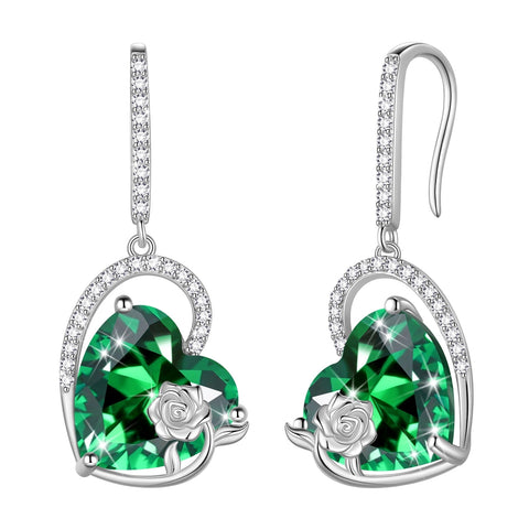Cat Butterfly Earrings for Women 925 Sterling Silver Heart May Birthstone Hook Dangling Earring Emerald Green Rose Flower Jewelry Birthday Mother's Day Gift - Aurora Tears