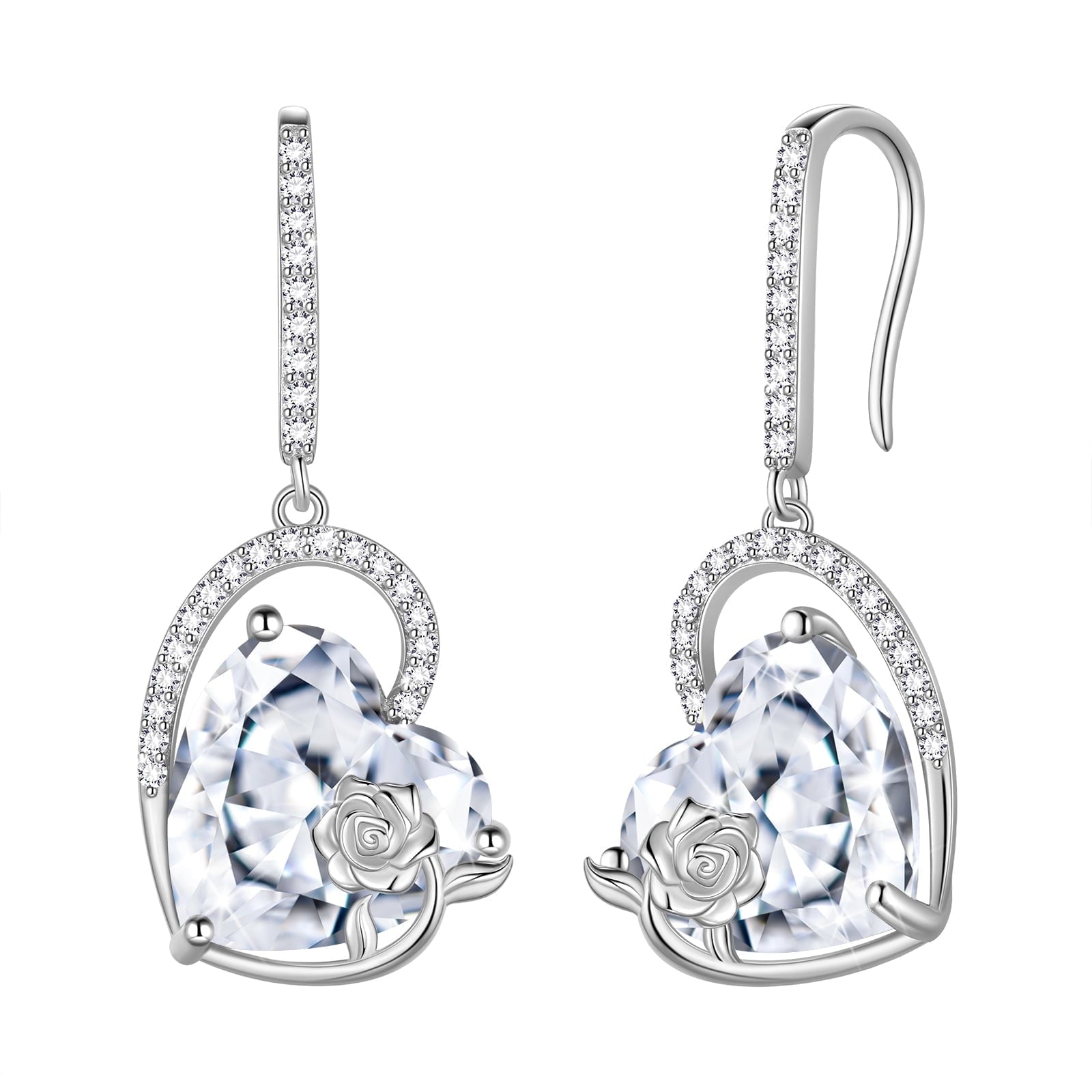 925 Sterling Silver Earrings Women Heart April Birthstone Hook Dangle Earrings Diamond Rose Flower Wedding Bridal Jewelry Mom Valentine's Day Gift - Aurora Tears