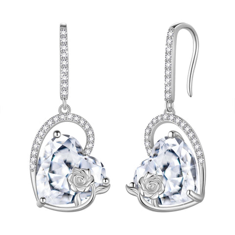 925 Sterling Silver Earrings Women Heart April Birthstone Hook Dangle Earrings Diamond Rose Flower Wedding Bridal Jewelry Mom Valentine's Day Gift - Aurora Tears