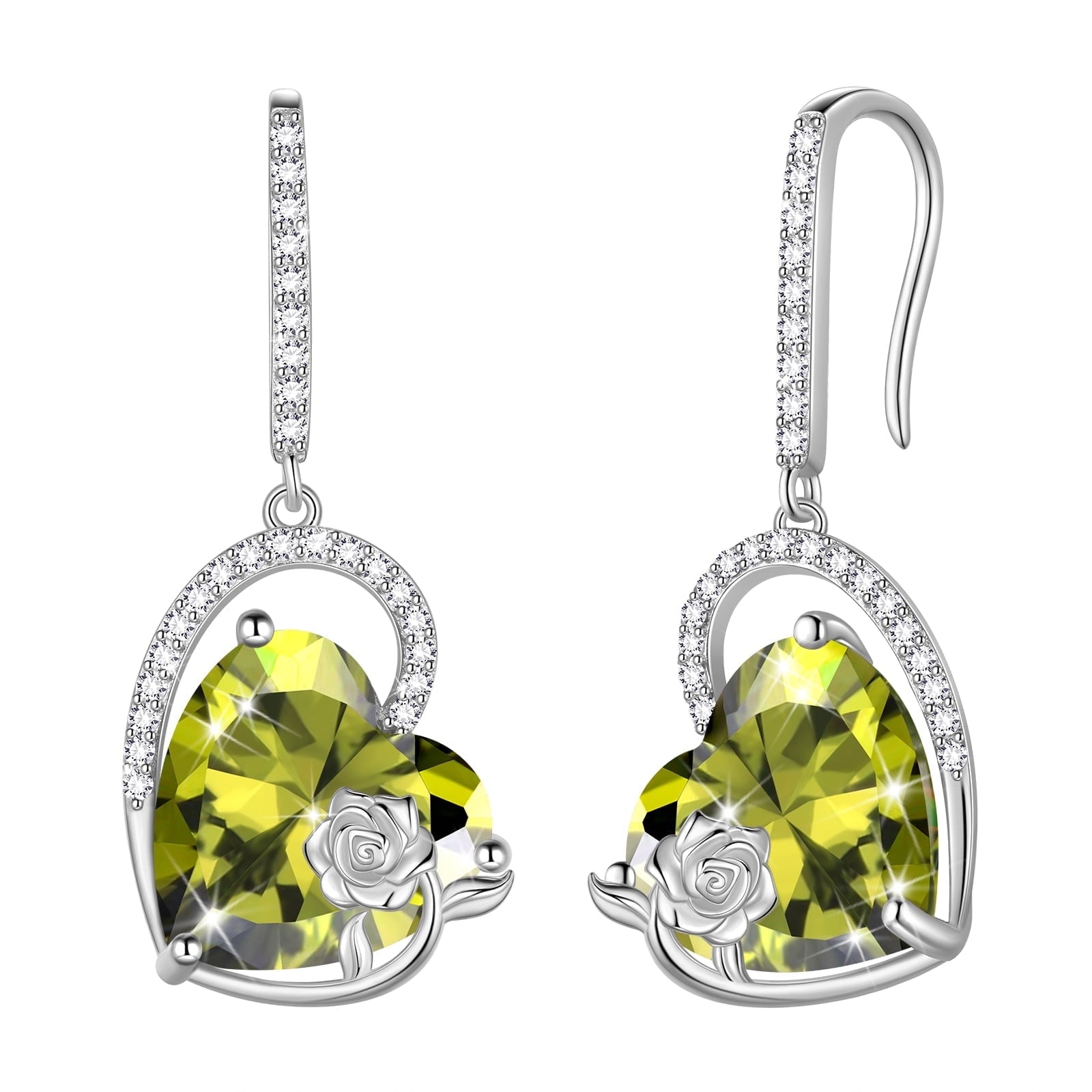 925 Sterling Silver Earrings Women Heart August Birthstone Hook Dangle Earring Peridot Green Rose Flower Jewelry Mother Birthday Gift - Aurora Tears