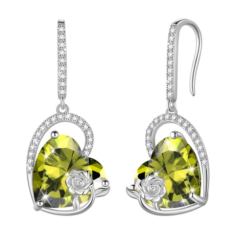 925 Sterling Silver Earrings Women Heart August Birthstone Hook Dangle Earring Peridot Green Rose Flower Jewelry Mother Birthday Gift - Aurora Tears