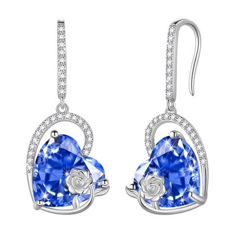 925 Sterling Silver Earrings Women Heart December Birthstone Hook Dangle Earring Tanzanite Blue Rose Flower Jewelry Mother Wife Christmas Birthday Gift - Aurora Tears