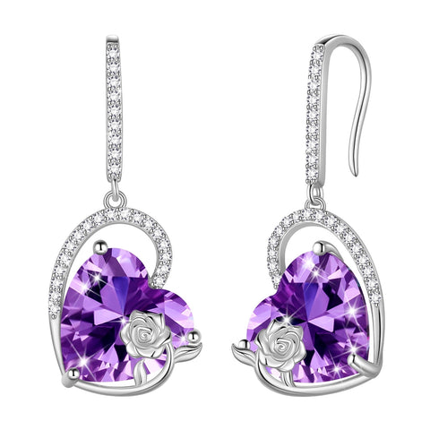 925 Sterling Silver Earrings Women Heart February Birthstone Hook Dangle Earring Amethyst Purple Rose Jewelry Mother Valentine's Day Gift - Aurora Tears