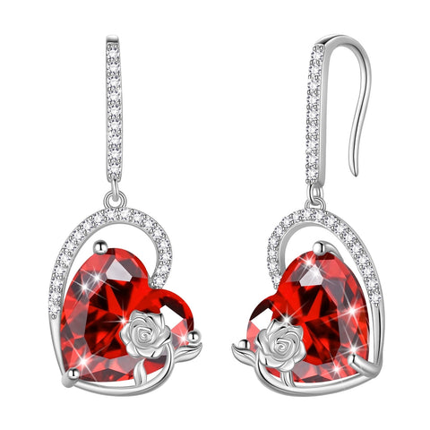 925 Sterling Silver Earrings Women Heart January Birthstone Hook Dangle Earring Garnet Red Flower Jewelry Birthday Valentine's Day Gifts - Aurora Tears