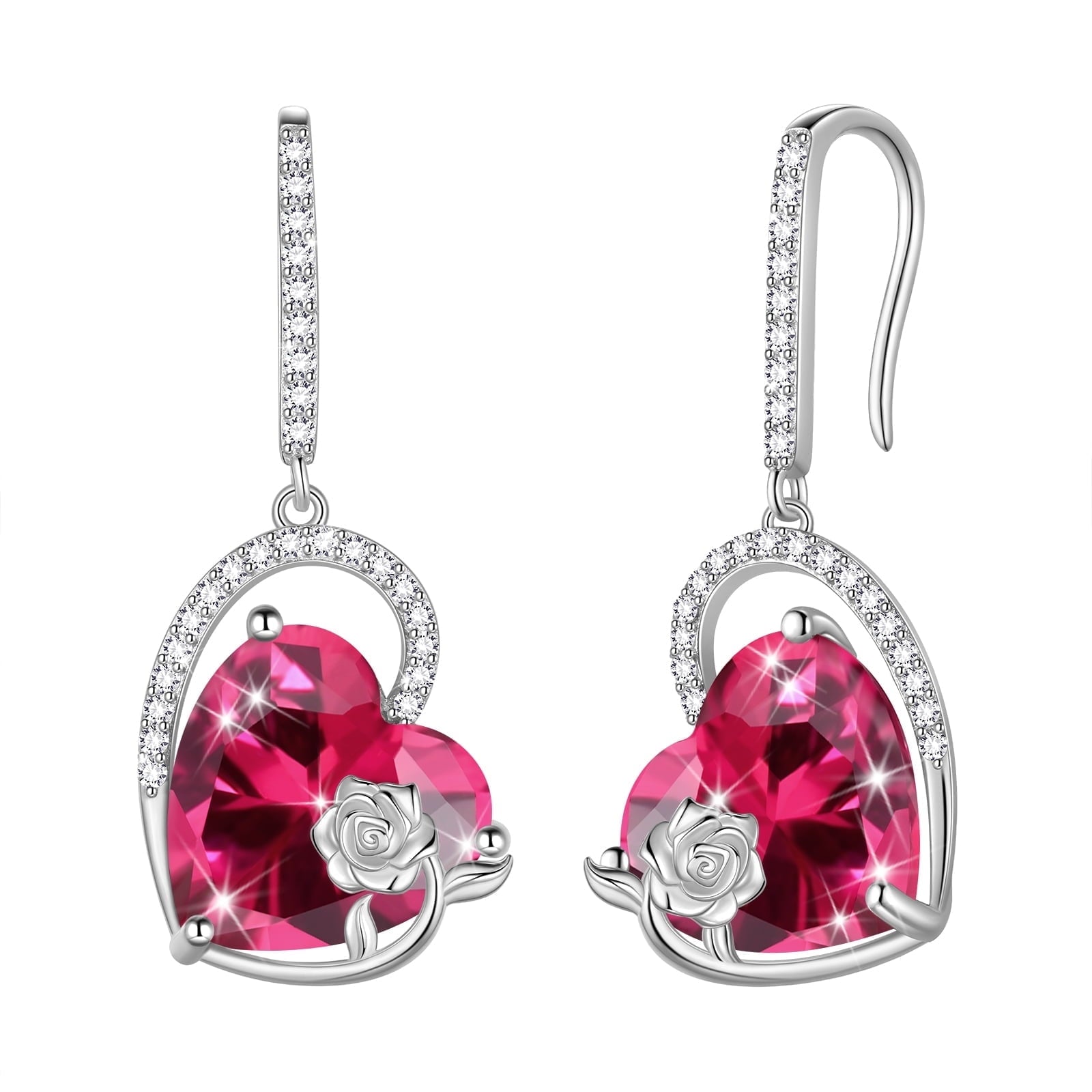 925 Sterling Silver Earrings Women Heart July Birthstone Hook Dangle Earrings Ruby Red Rose Jewelry Mother Christmas Valentine's Day Gift - Aurora Tears
