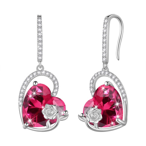925 Sterling Silver Earrings Women Heart July Birthstone Hook Dangle Earrings Ruby Red Rose Jewelry Mother Christmas Valentine's Day Gift - Aurora Tears