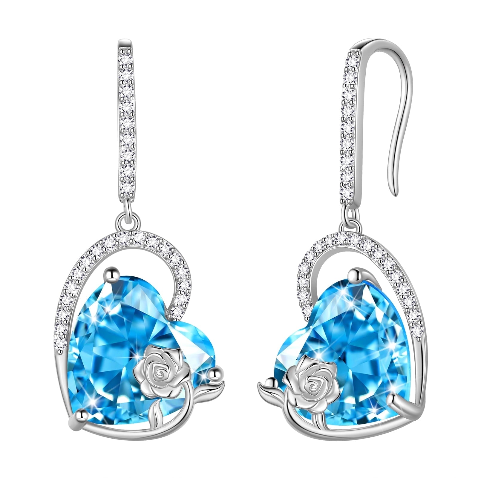 925 Sterling Silver Earrings Women Heart March Birthstone Hook Dangle Earring Aquamarine Blue Rose Flower Jewelry Mother Birthday Gift - Aurora Tears
