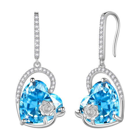 925 Sterling Silver Earrings Women Heart March Birthstone Hook Dangle Earring Aquamarine Blue Rose Flower Jewelry Mother Birthday Gift - Aurora Tears