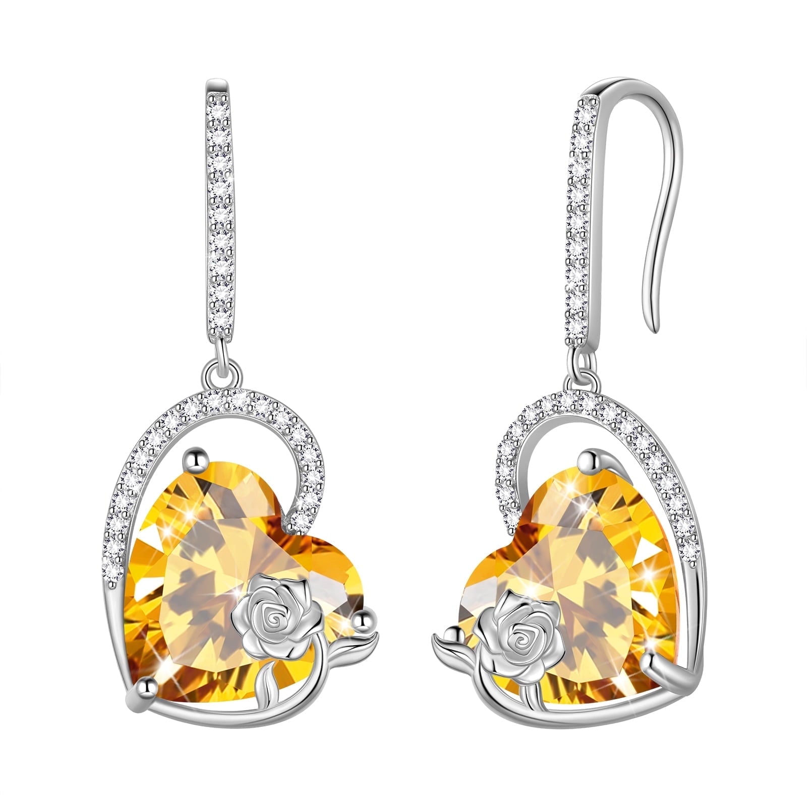 925 Sterling Silver Earrings Women Heart November Birthstone Hook Dangle Earring Citrine Yellow Rose Flower Jewelry Mother Wife Christmas Birthday Gift - Aurora Tears