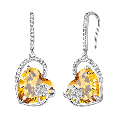925 Sterling Silver Earrings Women Heart November Birthstone Hook Dangle Earring Citrine Yellow Rose Flower Jewelry Mother Wife Christmas Birthday Gift - Aurora Tears