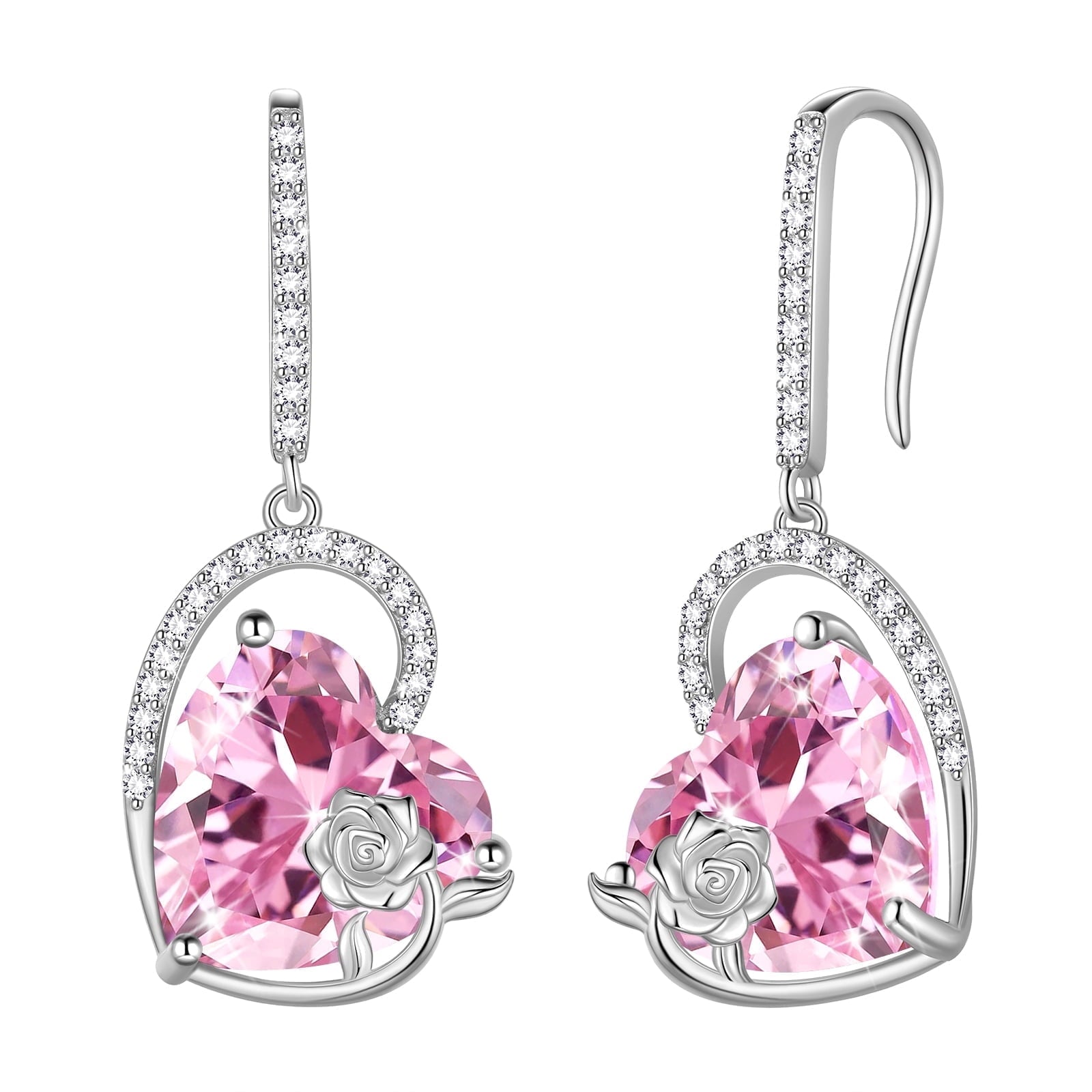 925 Sterling Silver Earrings Women Heart October Birthstone Hook Dangle Earring Tourmaline Pink Rose Jewelry Mother Christmas Valentine's Day Gift - Aurora Tears