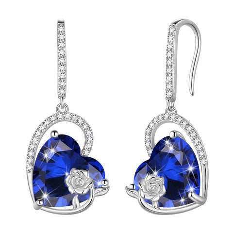925 Sterling Silver Earrings Women Heart September Birthstone Hook Dangling Earring Sapphire Blue Rose Jewelry Birthday Mother's Day Gift - Aurora Tears