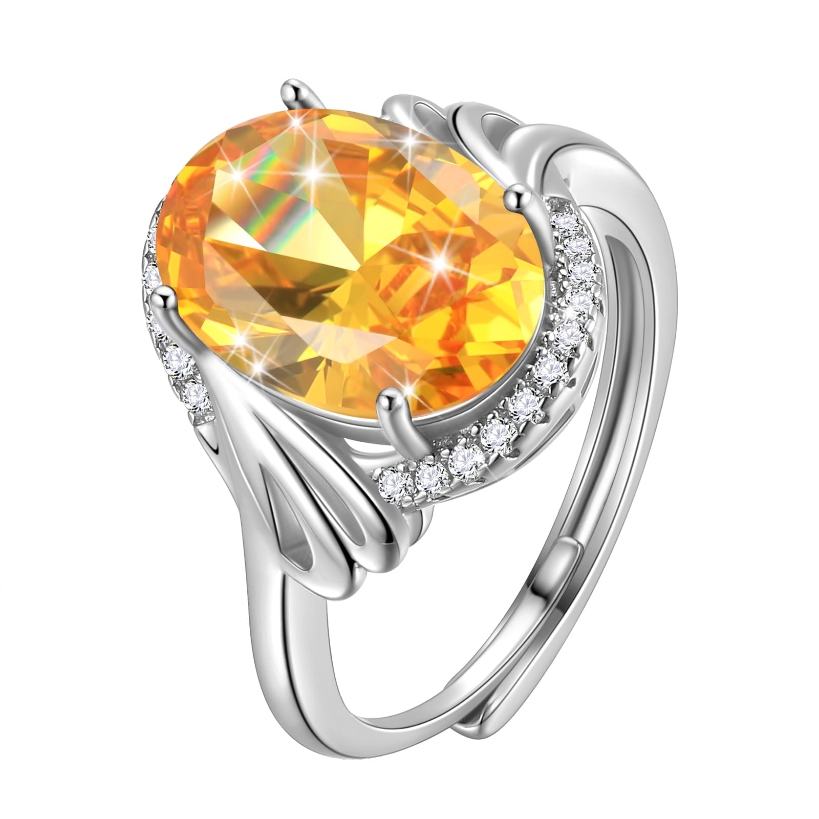 925 Sterling Silver Ring Women 8Ct Halo Oval November Birthstone Ring Citrine Yellow Jewelry Christmas Birthday Mother Day Gift for Grandma - Aurora Tears