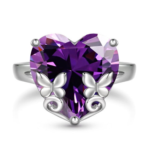 9Ct Women Heart Ring 925 Sterling Silver Butterfly February Birthstone Amethyst Purple Solitaire Ring Jewelry Girlfriend Valentine's Day Gift - Aurora Tears