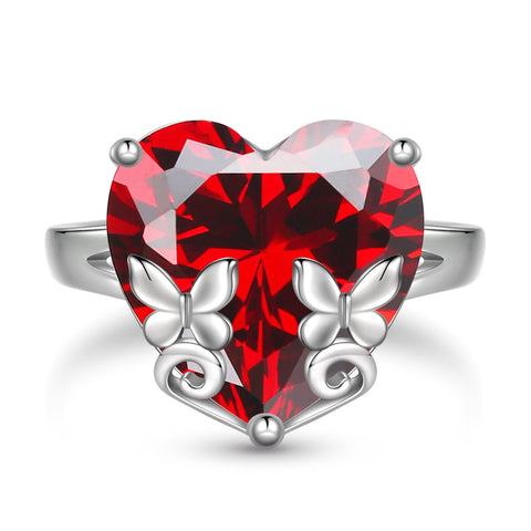 9Ct Women Heart Ring 925 Sterling Silver Butterfly January Birthstone Red Garnet Solitaire Ring Jewelry Mother Birthday Valentine's Day Gift - Aurora Tears
