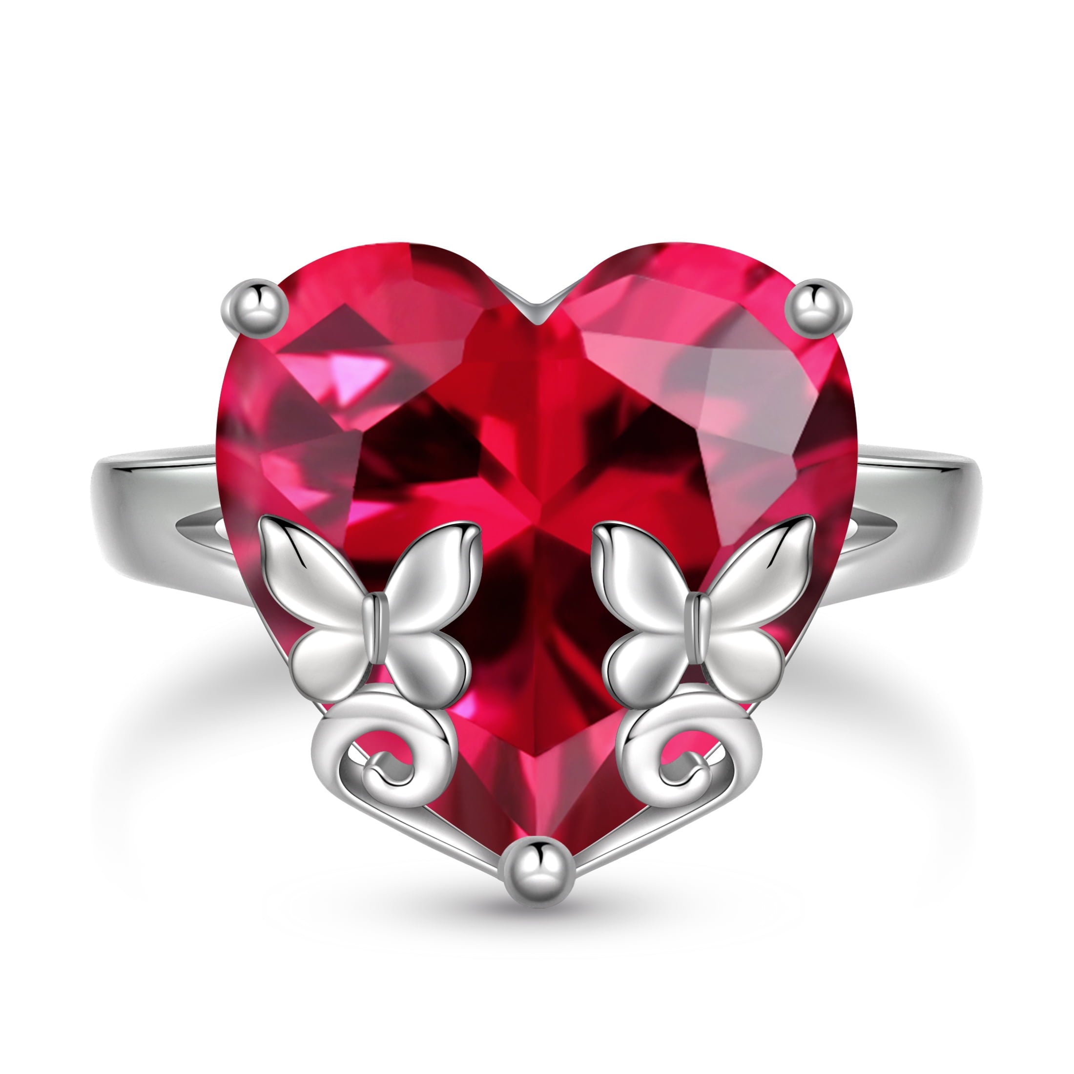 9Ct Women Heart Ring 925 Sterling Silver Butterfly July Birthstone Ruby Red Solitaire Ring Jewelry Mother Birthday Valentine's Day Gift - Aurora Tears