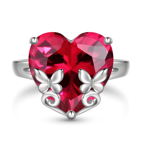 9Ct Women Heart Ring 925 Sterling Silver Butterfly July Birthstone Ruby Red Solitaire Ring Jewelry Mother Birthday Valentine's Day Gift - Aurora Tears