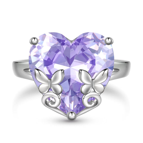 9Ct Women Heart Ring 925 Sterling Silver Butterfly June Birthstone Alexandrite Solitaire Ring Jewelry Birthday Gift for Mother - Aurora Tears
