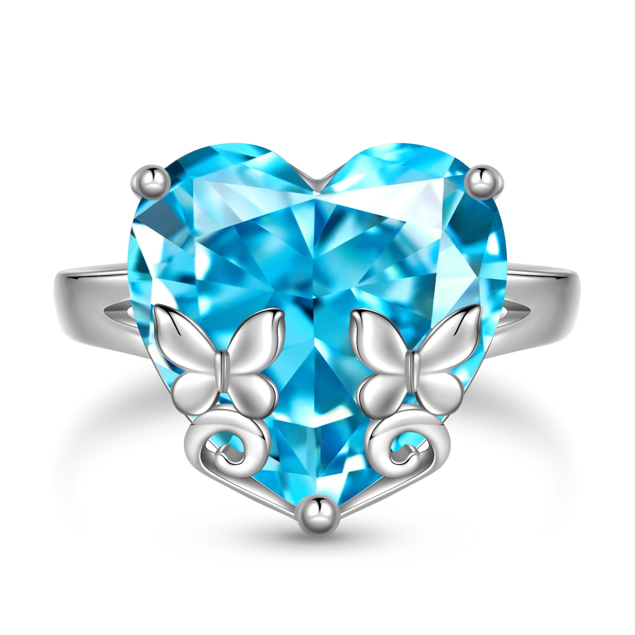 9Ct Women Heart Ring 925 Sterling Silver Butterfly March Birthstone Aquamarine Blue Solitaire Ring Jewelry Birthday Gift for Mother - Aurora Tears