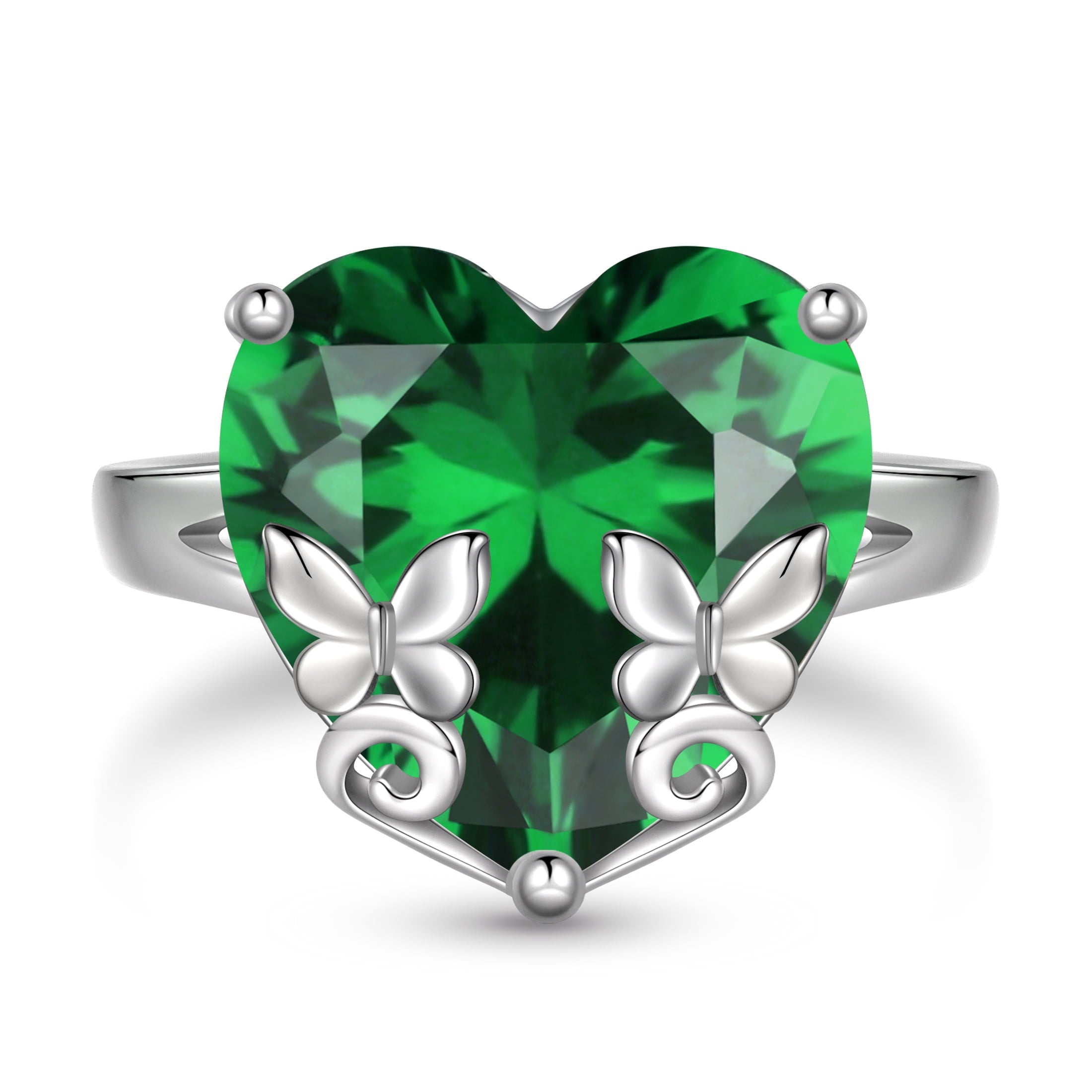 9Ct Women Heart Ring 925 Sterling Silver Butterfly May Birthstone Emerald Green Solitaire Ring Jewelry Birthday Mother's Day Gift - Aurora Tears