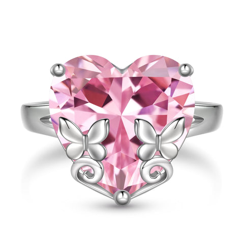 9Ct Women Heart Ring 925 Sterling Silver Butterfly October Birthstone Tourmaline Pink Solitaire Ring Jewelry Mother Birthday Valentine's Day Gifts - Aurora Tears