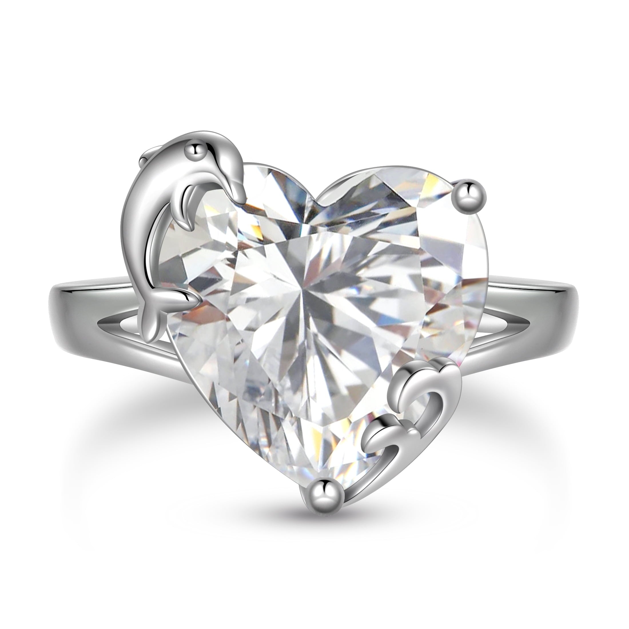 9Ct Women Heart Ring 925 Sterling Silver Dolphin April Birthstone Diamond Crystal Solitaire Ring Bridal Jewelry Birthday Gift - Aurora Tears