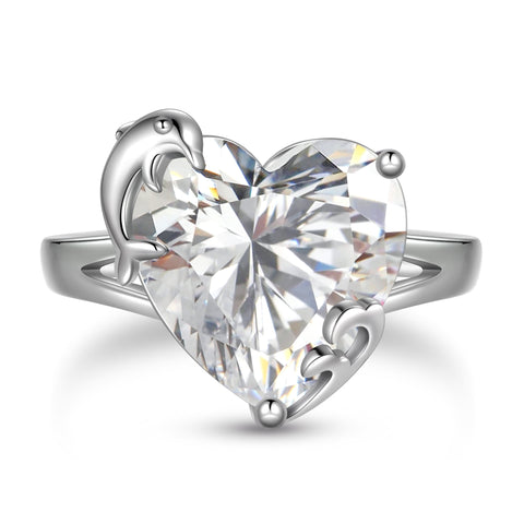 9Ct Women Heart Ring 925 Sterling Silver Dolphin April Birthstone Diamond Crystal Solitaire Ring Bridal Jewelry Birthday Gift - Aurora Tears