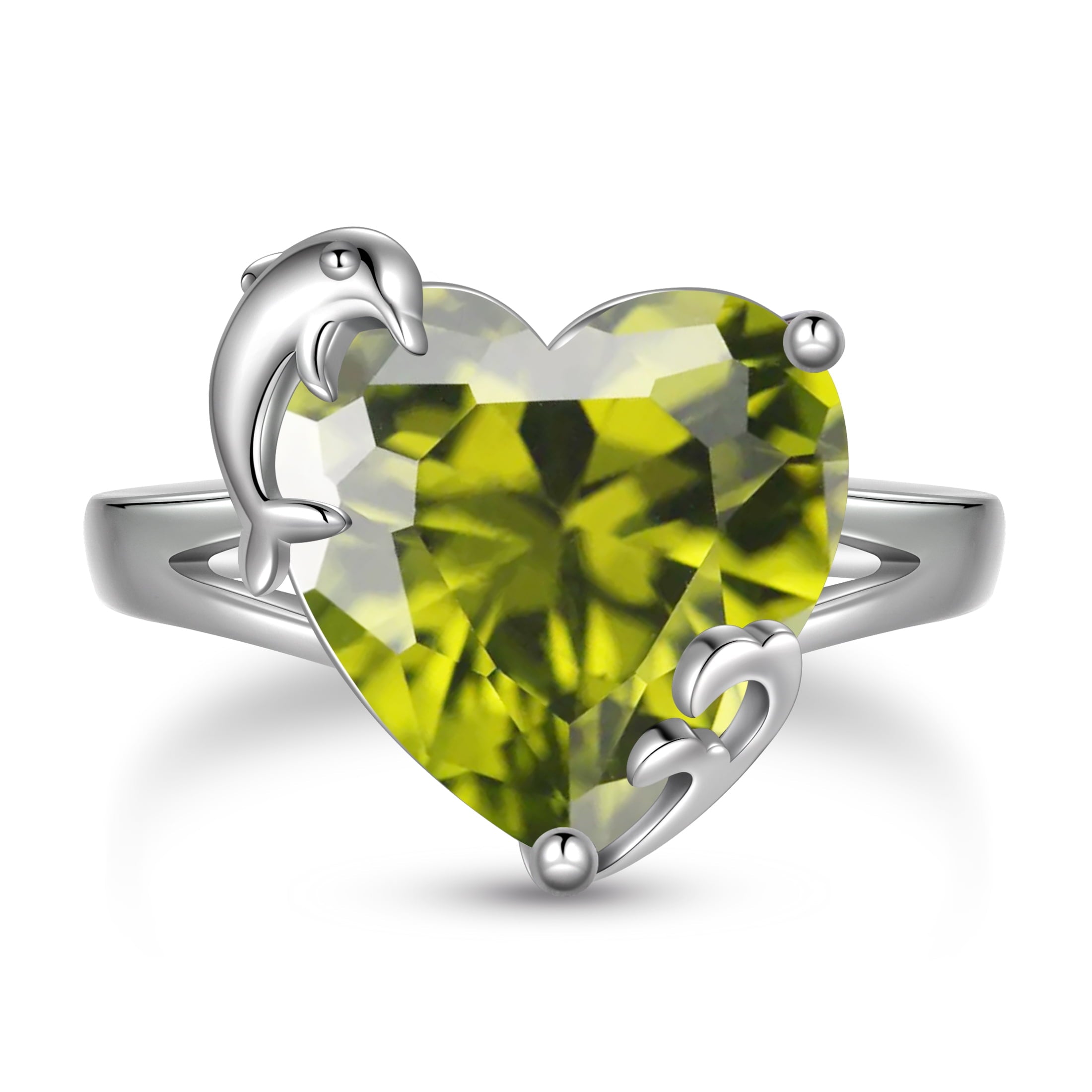 9Ct Women Heart Ring 925 Sterling Silver Dolphin August Birthstone Peridot Solitaire Ring Jewelry Mom Christmas Birthday Gift - Aurora Tears