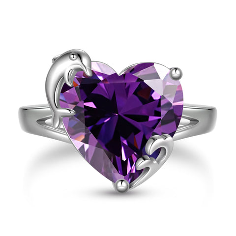 9Ct Women Heart Ring 925 Sterling Silver Dolphin February Birthstone Amethyst Purple Solitaire Ring Jewelry Girlfriend Valentine's Day Gift - Aurora Tears