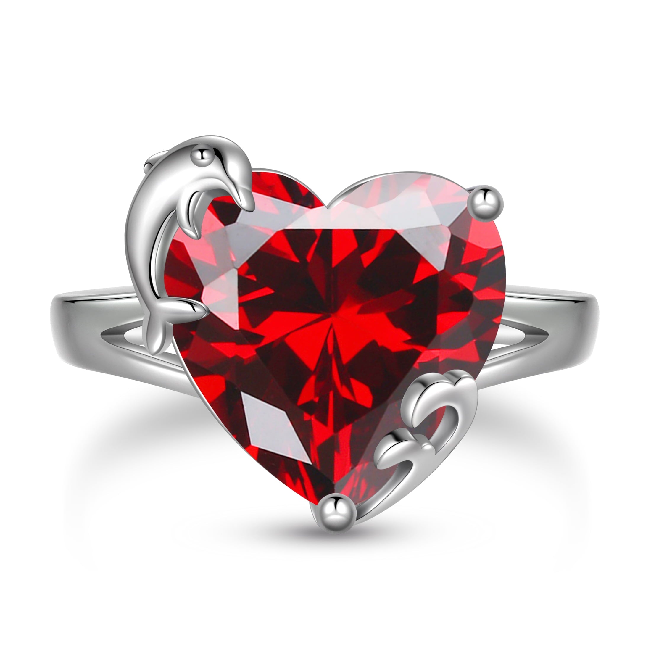 9Ct Women Heart Ring 925 Sterling Silver Dolphin January Birthstone Red Garnet Solitaire Ring Jewelry Mother Birthday Valentine's Day Gift - Aurora Tears