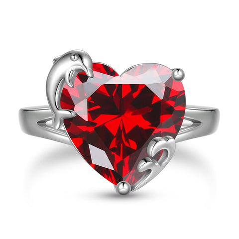 9Ct Women Heart Ring 925 Sterling Silver Dolphin January Birthstone Red Garnet Solitaire Ring Jewelry Mother Birthday Valentine's Day Gift - Aurora Tears