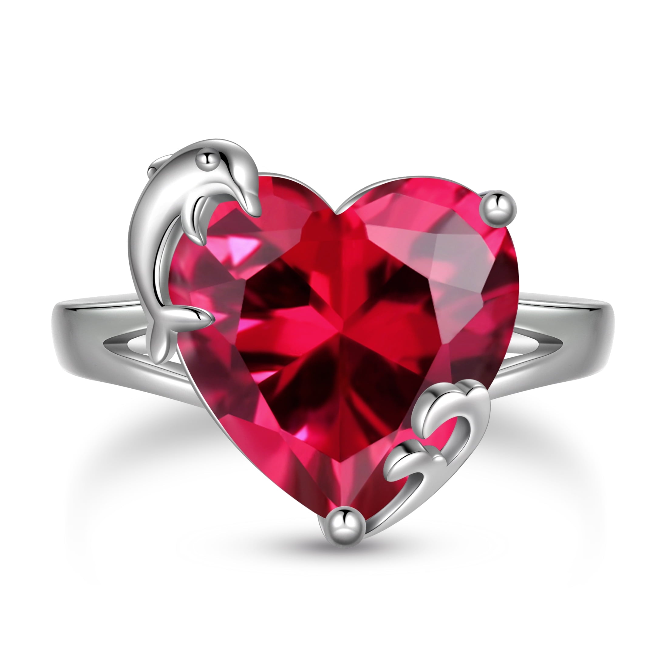 9Ct Women Heart Ring 925 Sterling Silver Dolphin July Birthstone Ruby Red Solitaire Ring Jewelry Mother Birthday Valentine's Day Gift - Aurora Tears