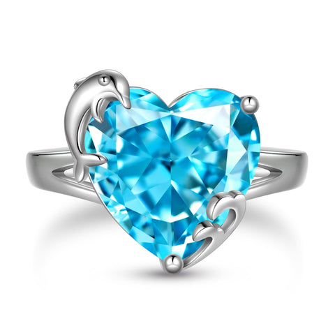 9Ct Women Heart Ring 925 Sterling Silver Dolphin March Birthstone Aquamarine Blue Solitaire Ring Jewelry Birthday Gift for Mother - Aurora Tears