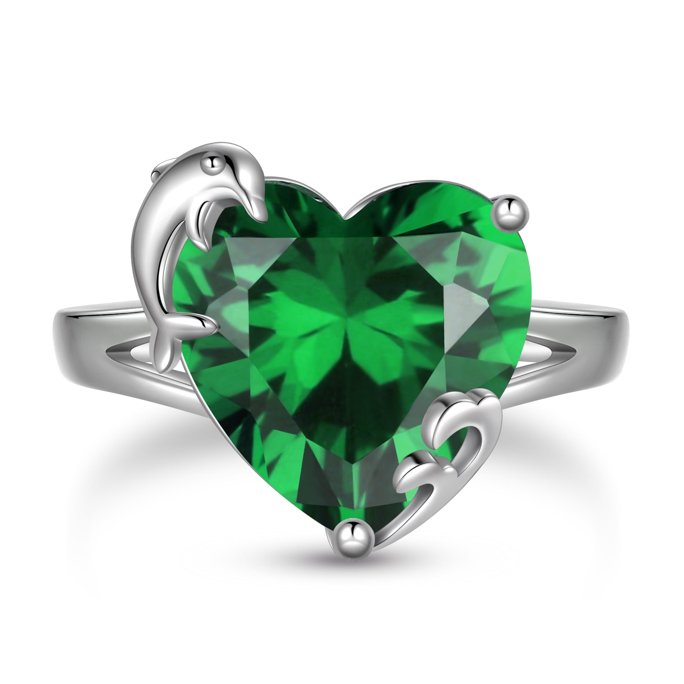 9Ct Women Heart Ring 925 Sterling Silver Dolphin May Birthstone Emerald Green Solitaire Ring Jewelry Birthday Mother's Day Gift - Aurora Tears